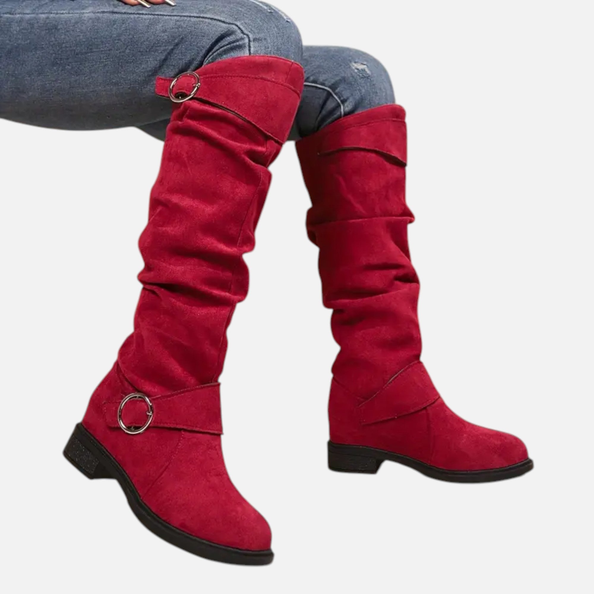 Davellia | Women’s Knee-High Boots – Buckle Belt Elegance