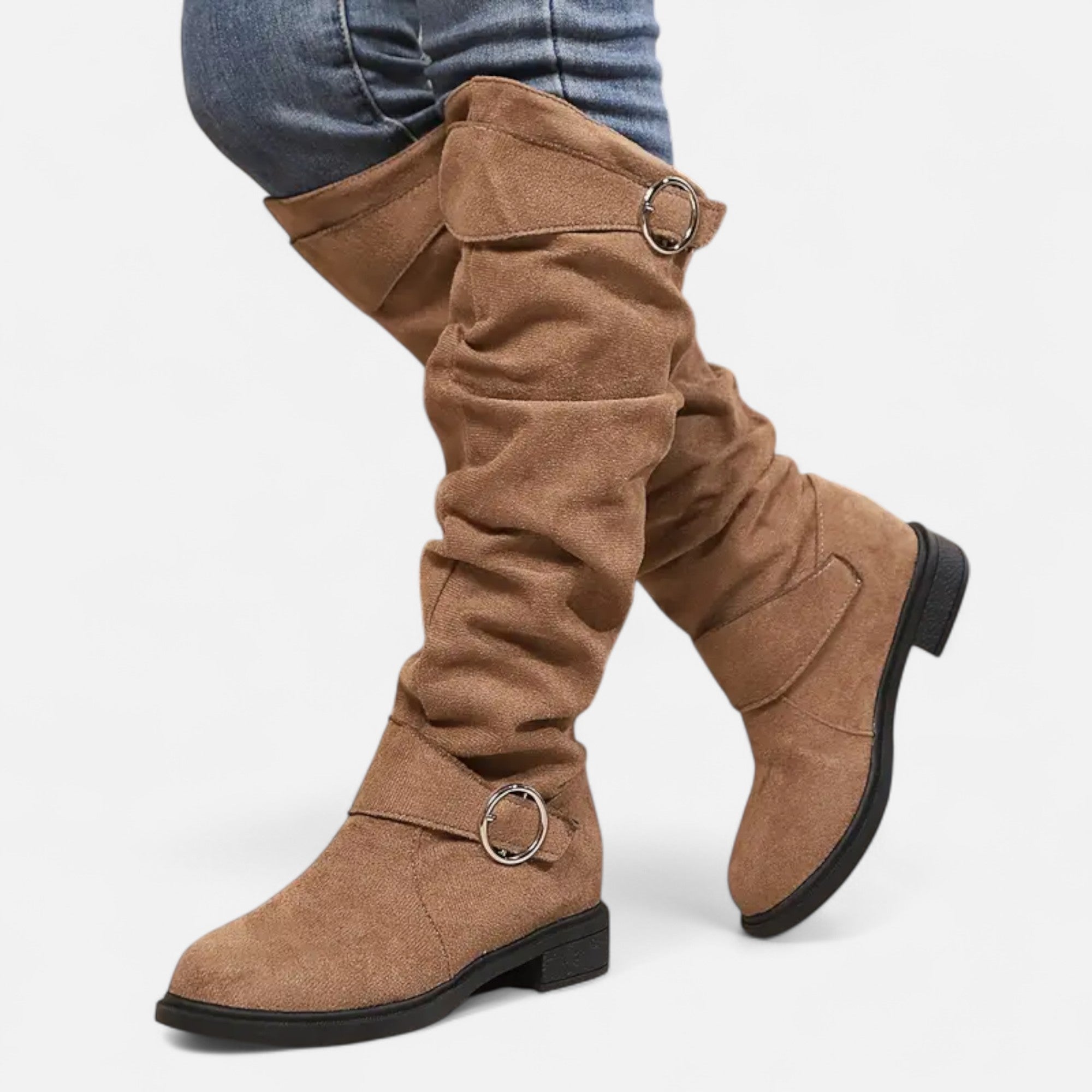 Davellia | Women’s Knee-High Boots – Buckle Belt Elegance