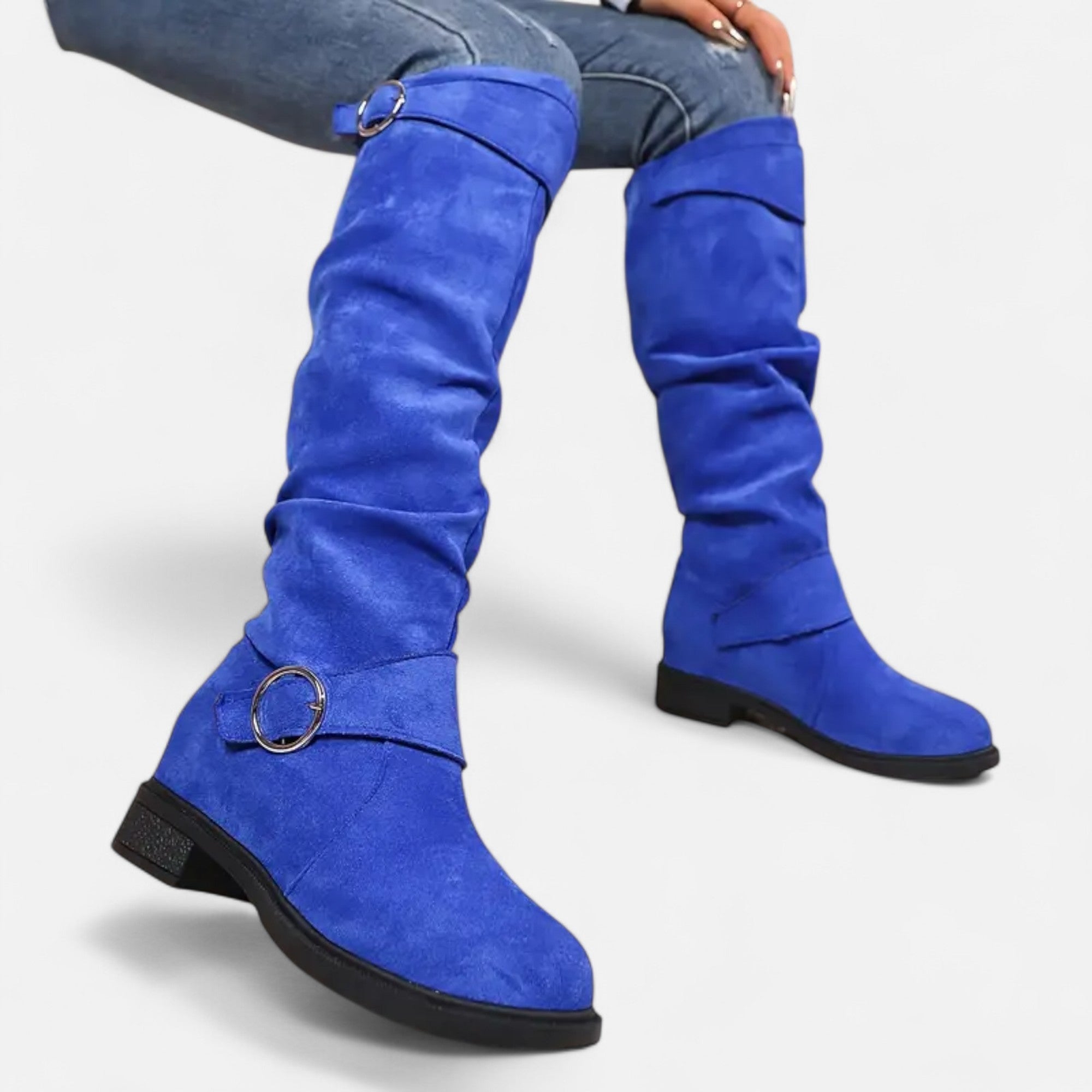 Davellia | Women’s Knee-High Boots – Buckle Belt Elegance