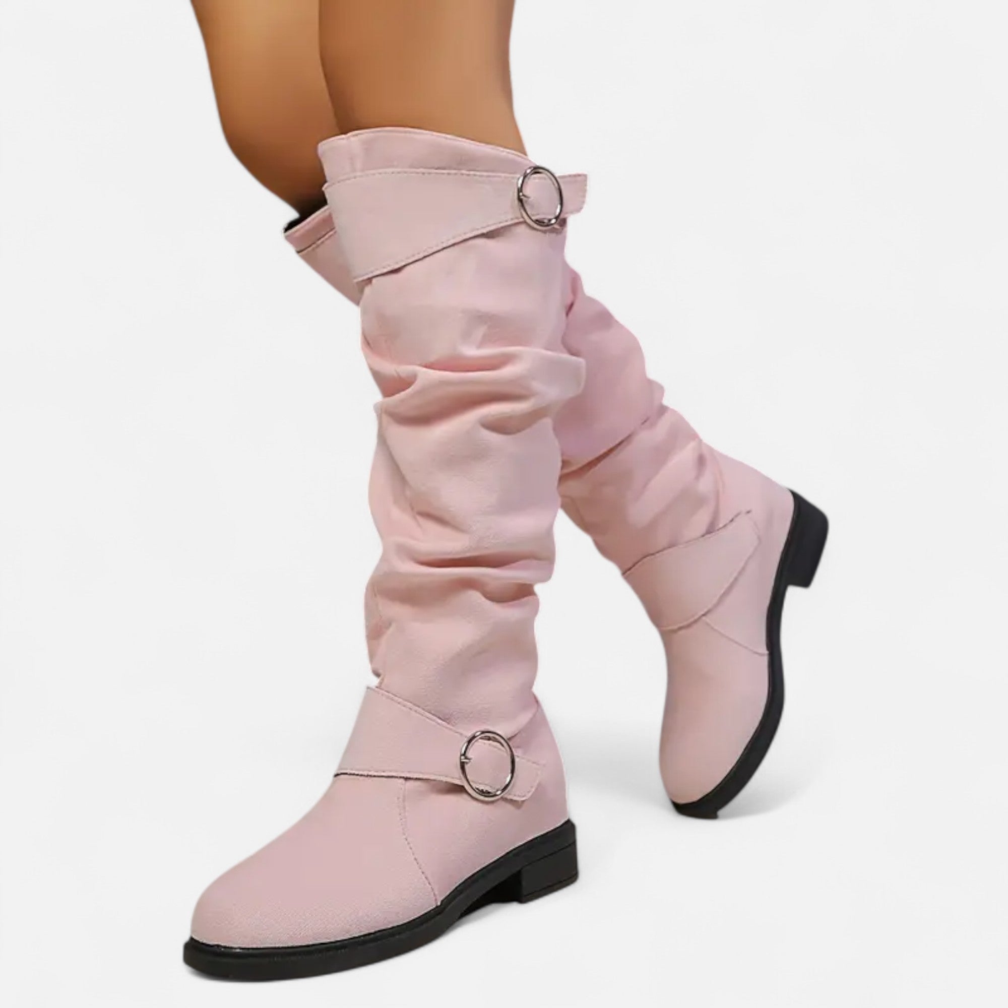 Davellia | Women’s Knee-High Boots – Buckle Belt Elegance
