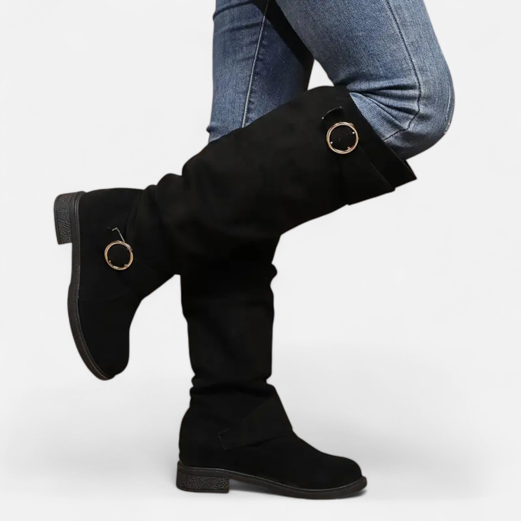 Davellia | Women’s Knee-High Boots – Buckle Belt Elegance