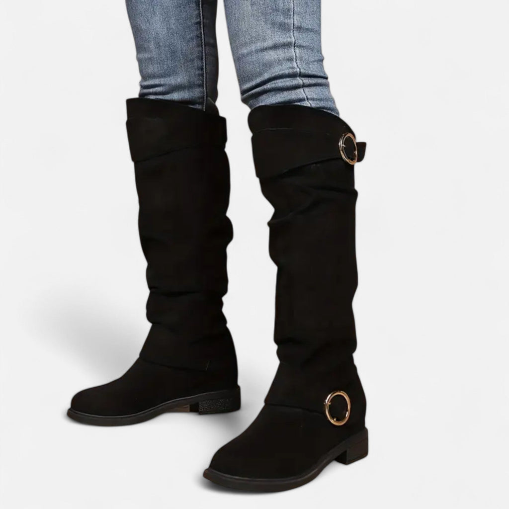 Davellia | Women’s Knee-High Boots – Buckle Belt Elegance