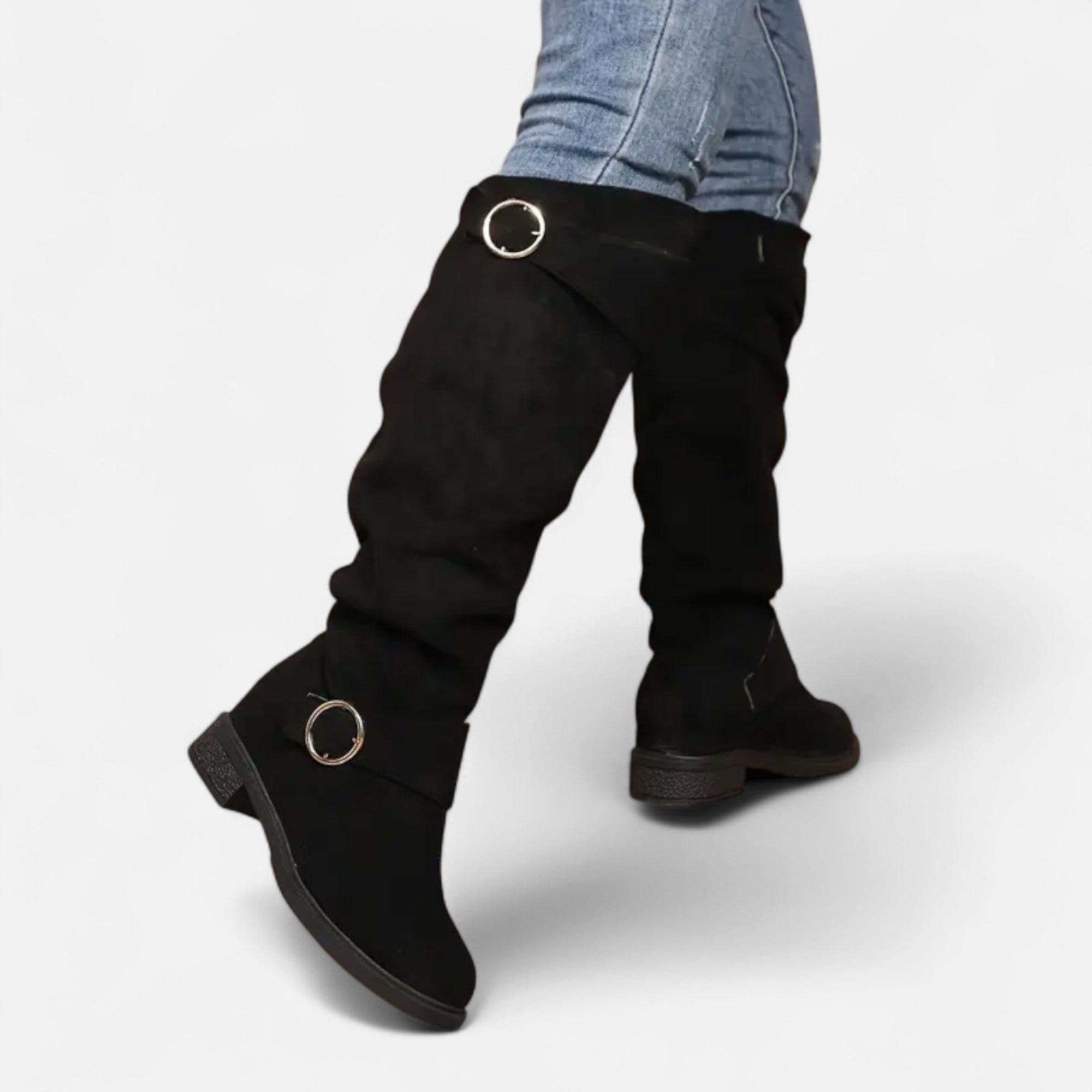 Davellia | Women’s Knee-High Boots – Buckle Belt Elegance