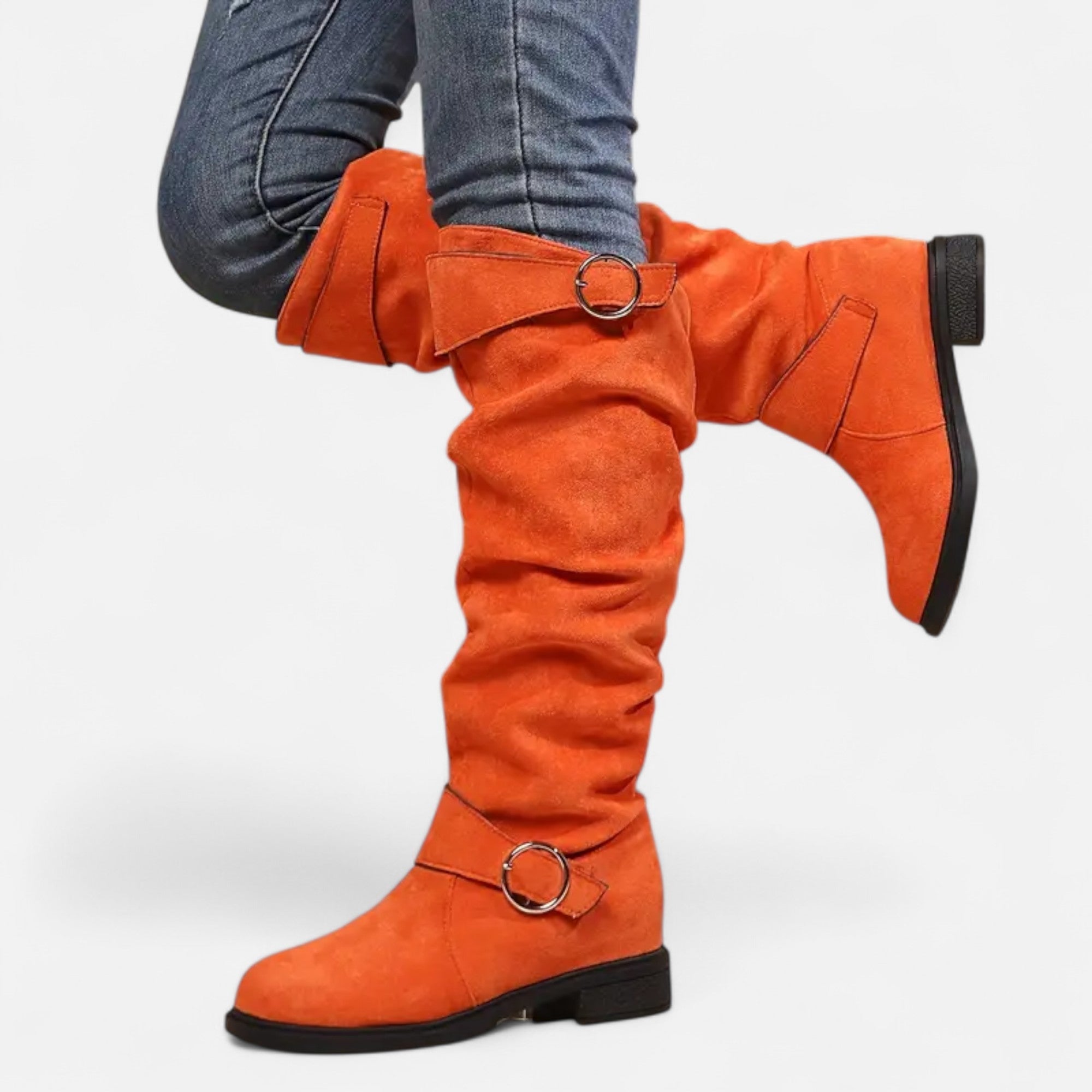 Davellia | Women’s Knee-High Boots – Buckle Belt Elegance