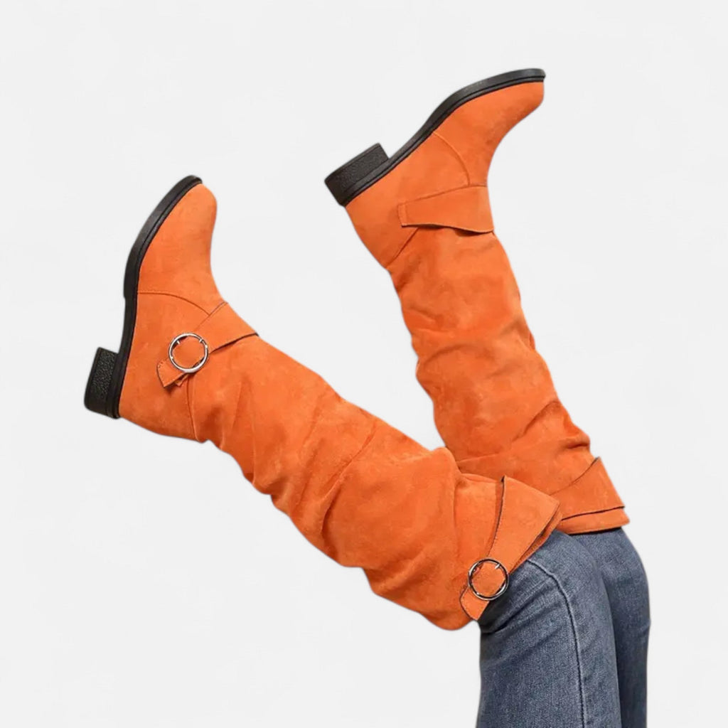 Davellia | Women’s Knee-High Boots – Buckle Belt Elegance