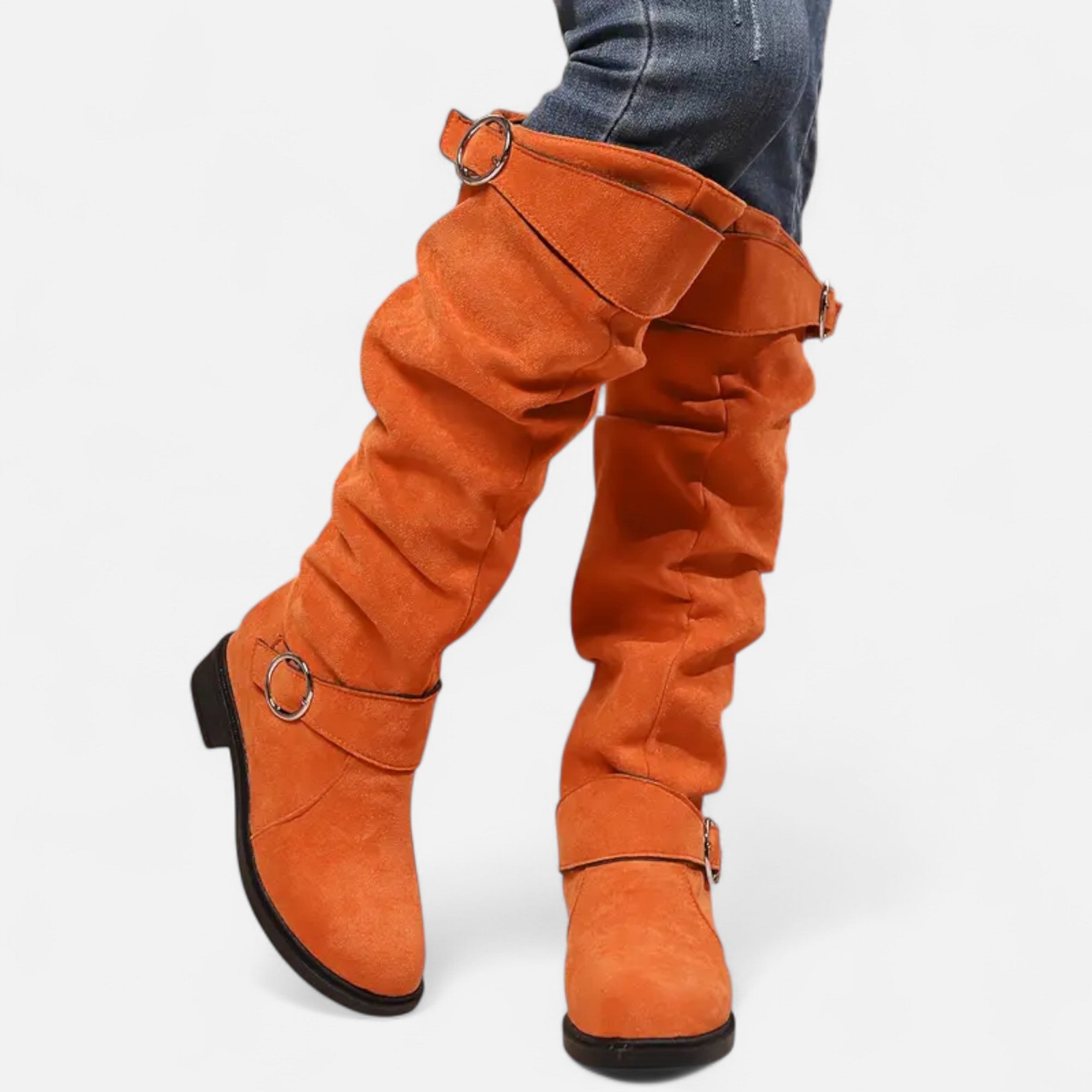 Davellia | Women’s Knee-High Boots – Buckle Belt Elegance