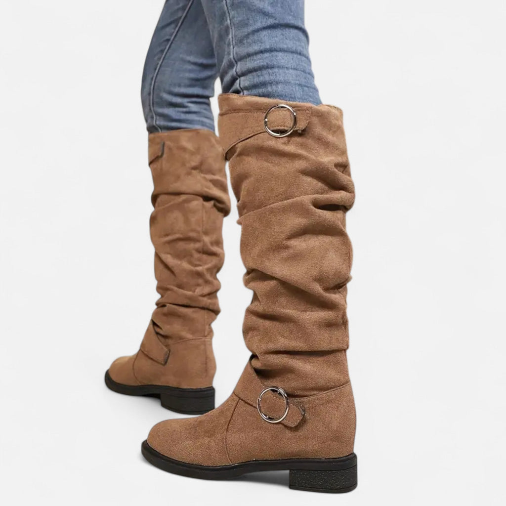 Davellia | Women’s Knee-High Boots – Buckle Belt Elegance