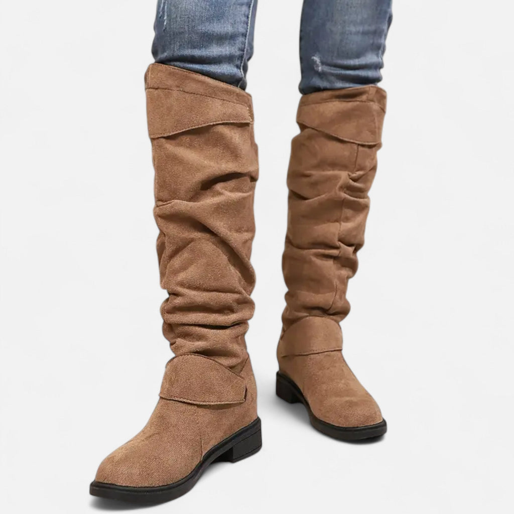 Davellia | Women’s Knee-High Boots – Buckle Belt Elegance