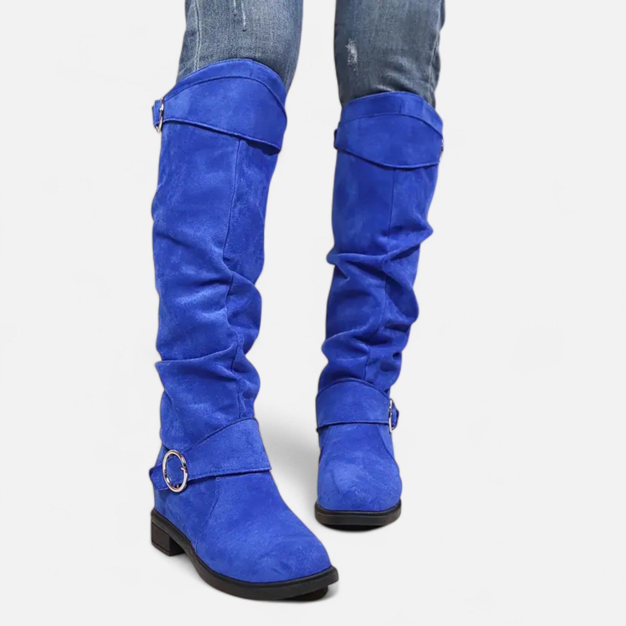 Davellia | Women’s Knee-High Boots – Buckle Belt Elegance