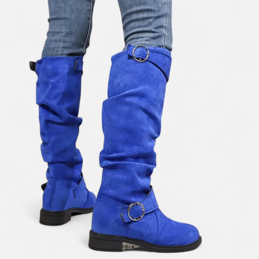 Davellia | Women’s Knee-High Boots – Buckle Belt Elegance