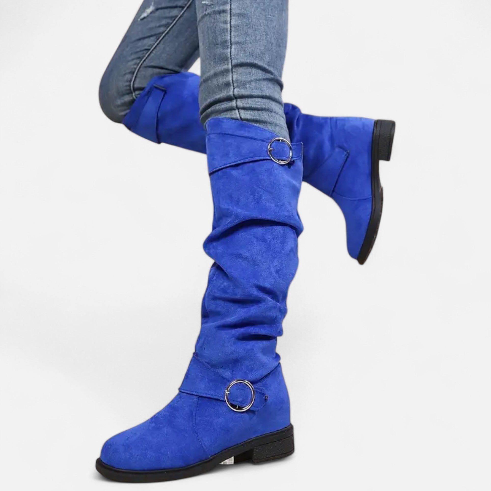 Davellia | Women’s Knee-High Boots – Buckle Belt Elegance