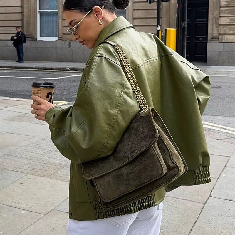 Davellia | Women’s Relaxed Fit Oversized Leather Bomber Jacket