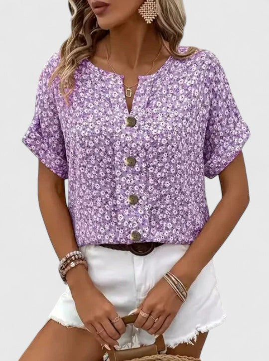 Davellia | Women's Casual Floral Button V-Neck Top