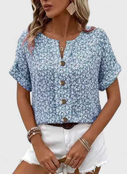 Davellia | Women's Casual Floral Button V-Neck Top