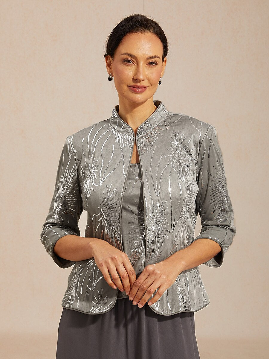 Davellia | Elegant Sequin Feather Print Twinset Blouse