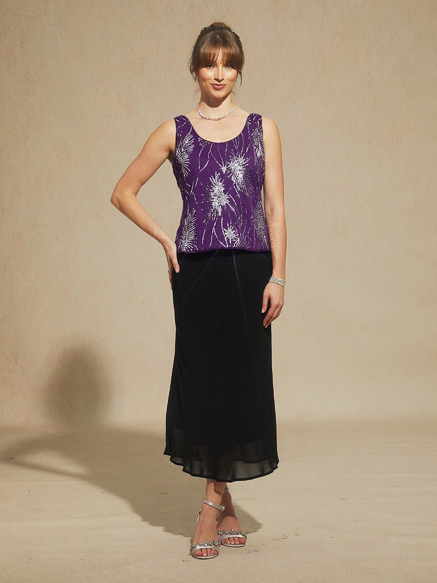 Davellia | Elegant Sequin Feather Print Twinset Blouse