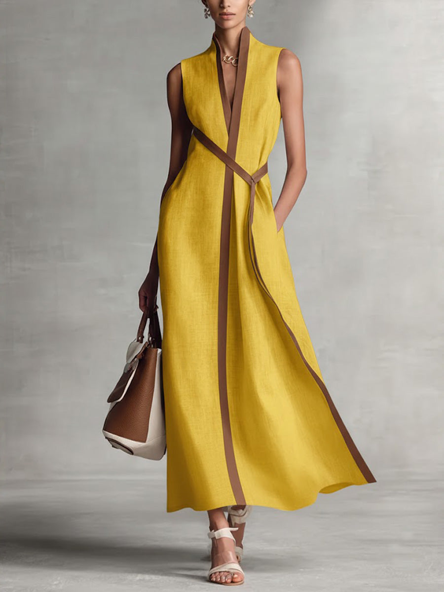 Davellia | Stand-Up Collar Sleeveless Casual Loose Cotton and Linen Dress