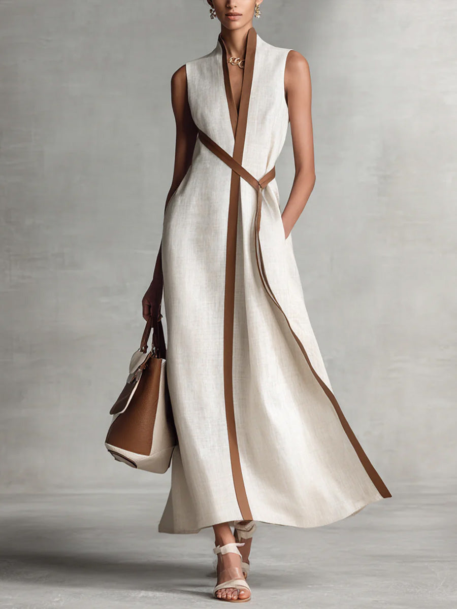 Davellia | Stand-Up Collar Sleeveless Casual Loose Cotton and Linen Dress
