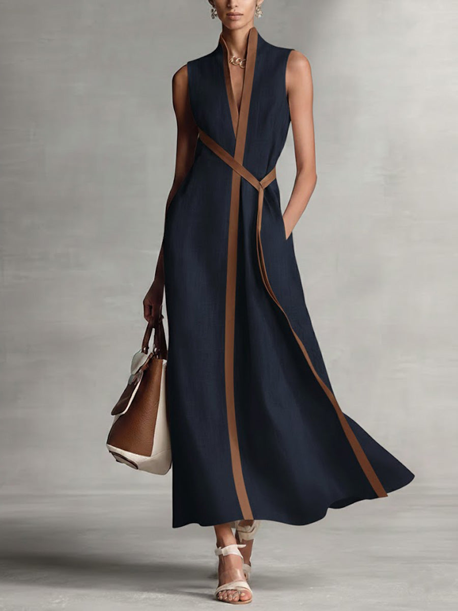 Davellia | Stand-Up Collar Sleeveless Casual Loose Cotton and Linen Dress