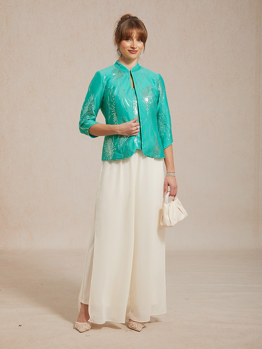 Davellia | Elegant Sequin Feather Print Twinset Blouse