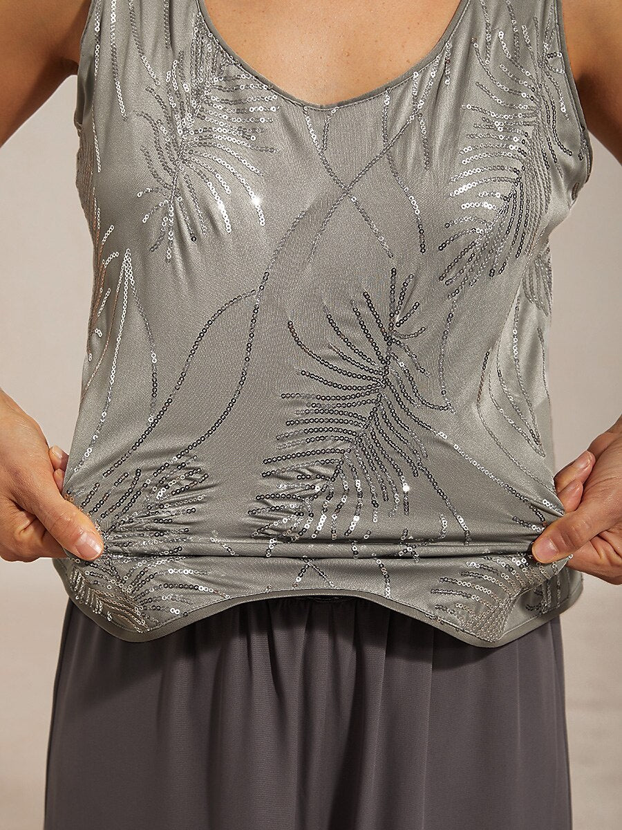 Davellia | Elegant Sequin Feather Print Twinset Blouse