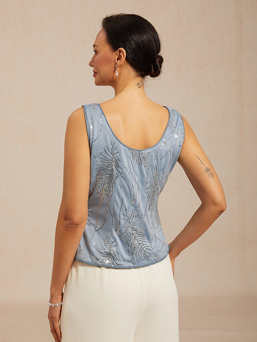 Davellia | Elegant Sequin Feather Print Twinset Blouse