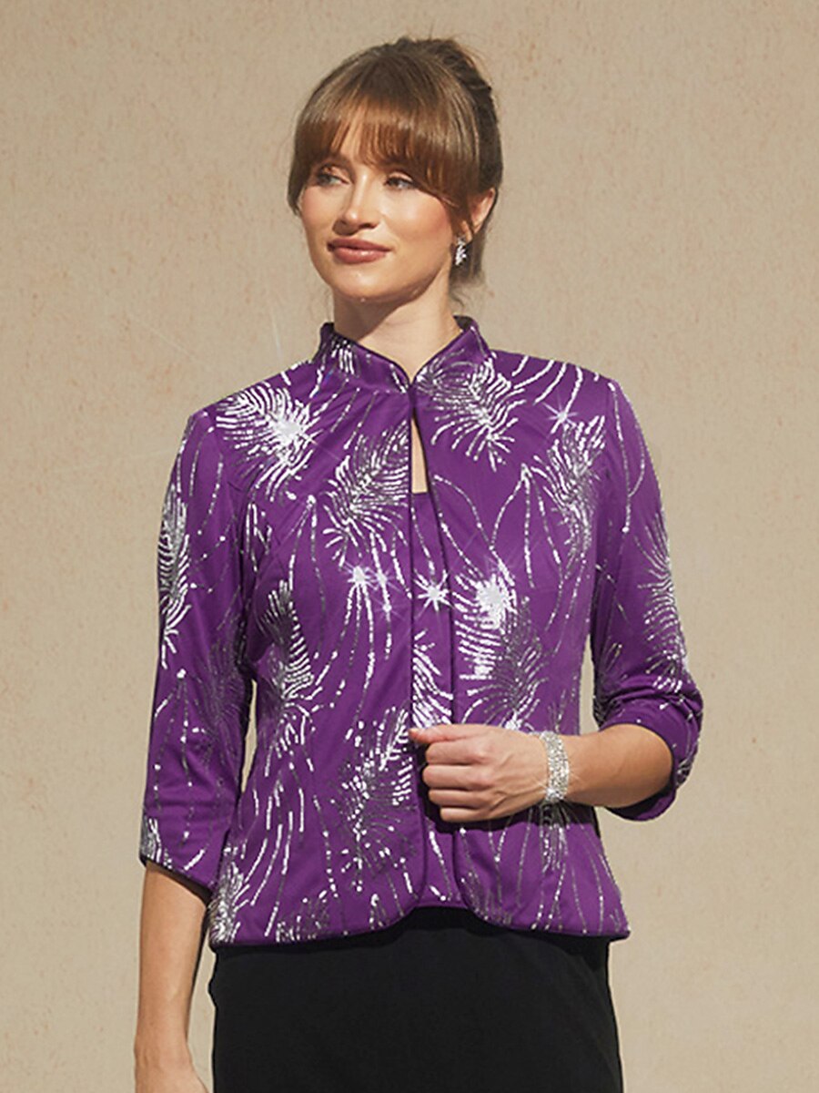 Davellia | Elegant Sequin Feather Print Twinset Blouse
