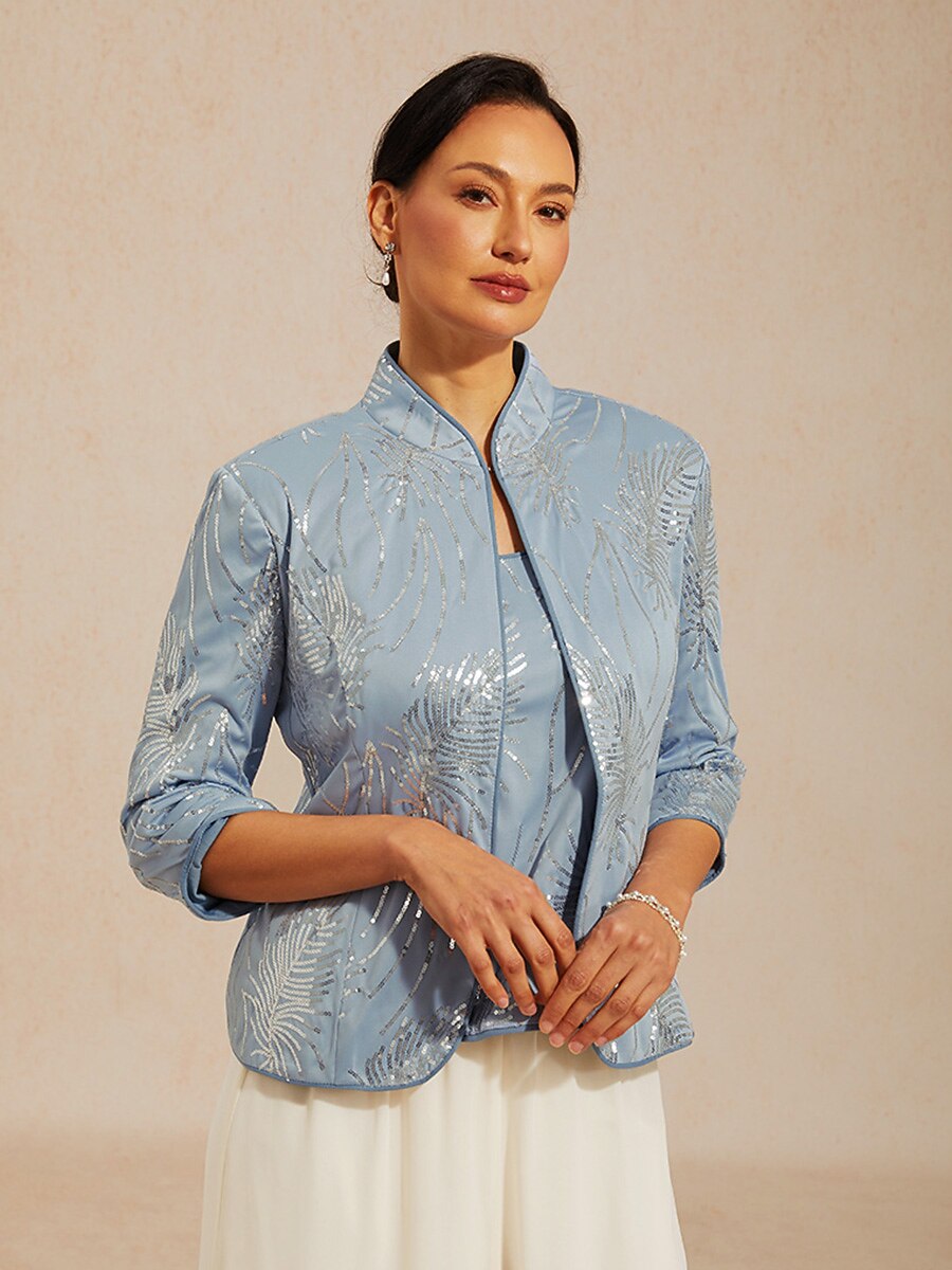 Davellia | Elegant Sequin Feather Print Twinset Blouse