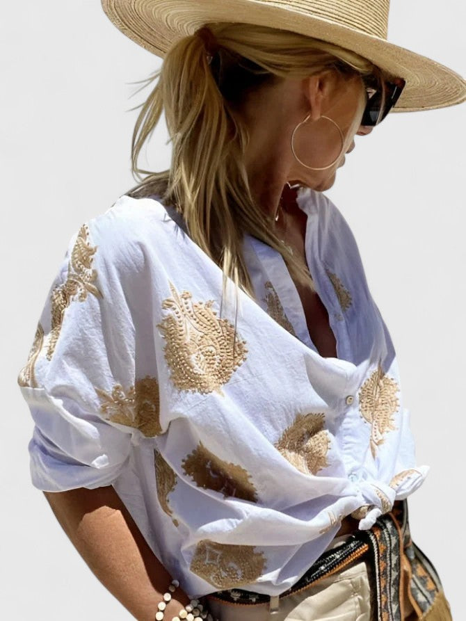 Davellia | Women's Boho Printed V-Neck Button Blouse