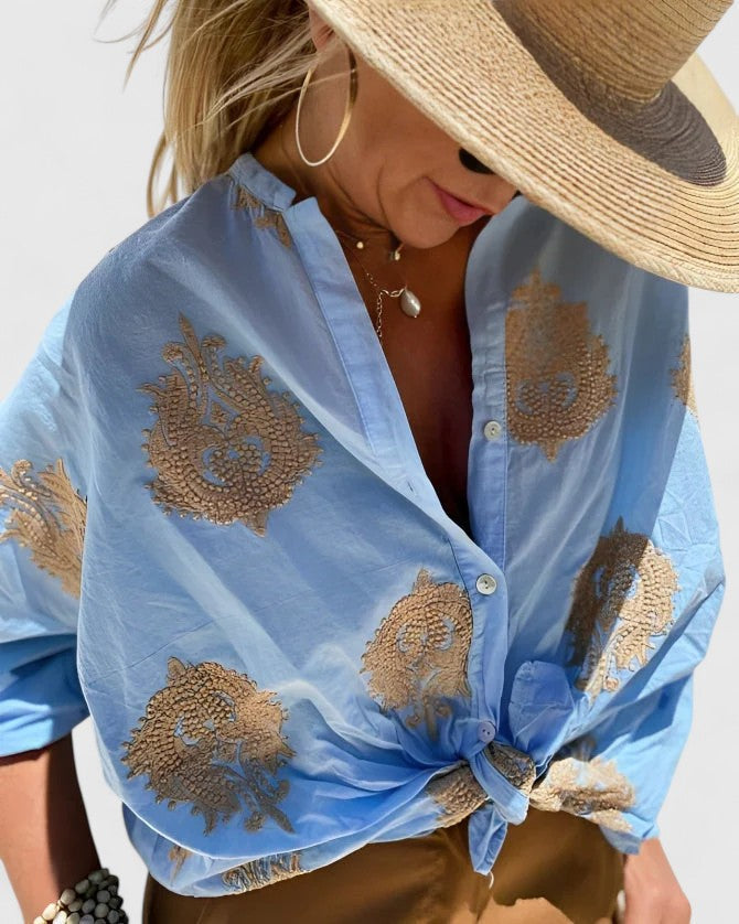 Davellia | Women's Boho Printed V-Neck Button Blouse
