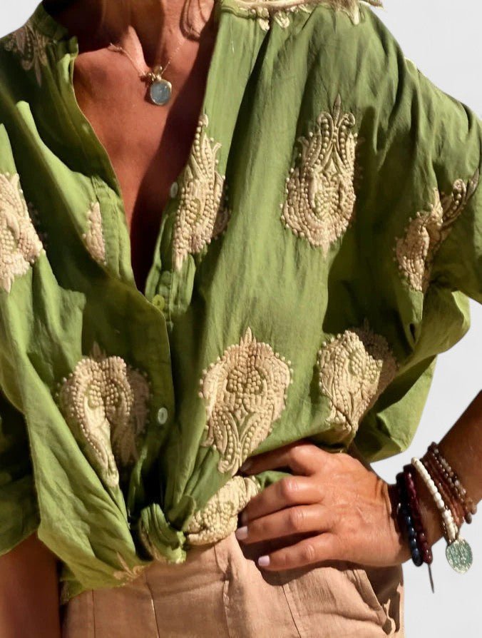Davellia | Women's Boho Printed V-Neck Button Blouse
