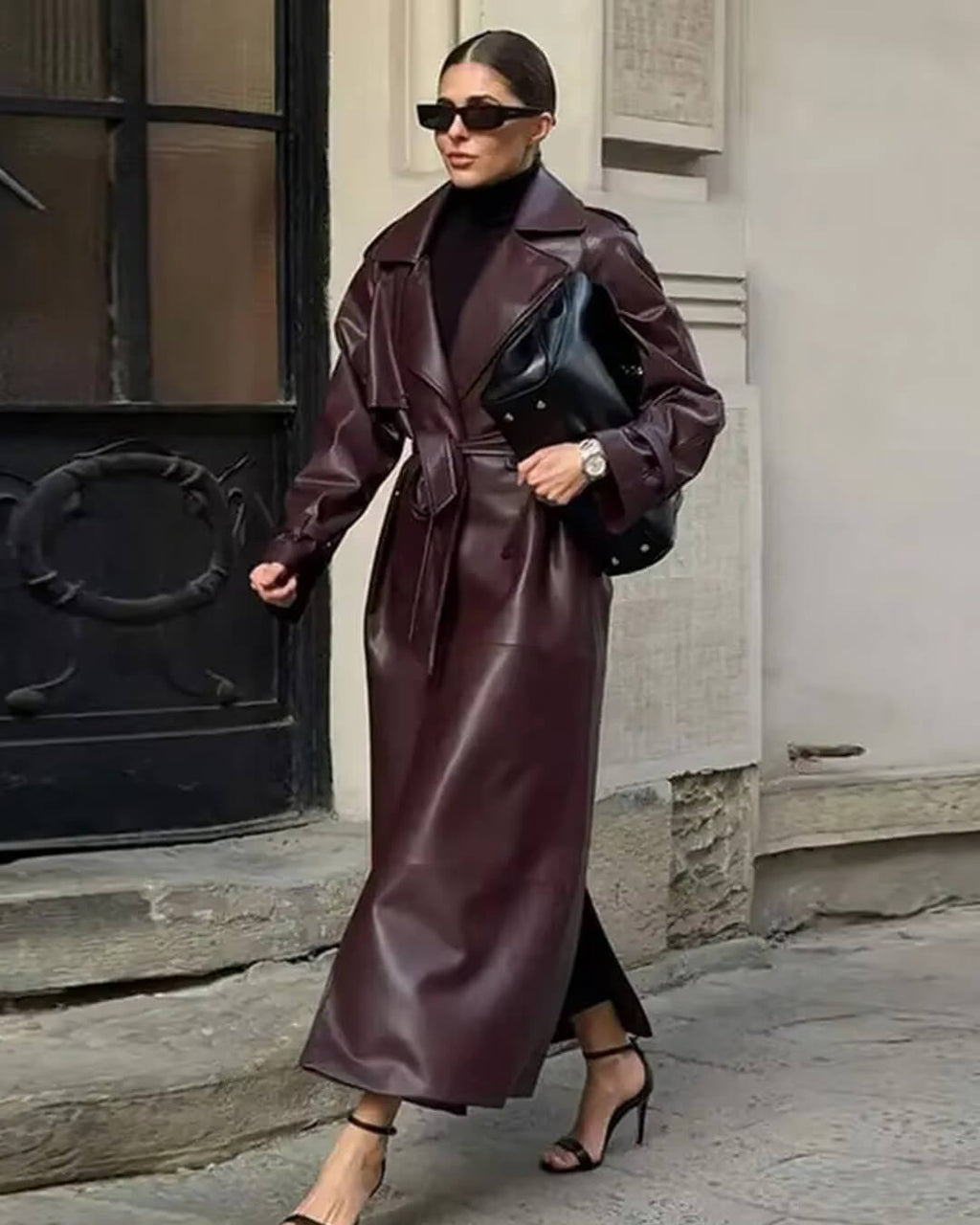 Davellia | Women’s Spring Leather Maxi Trench Coat
