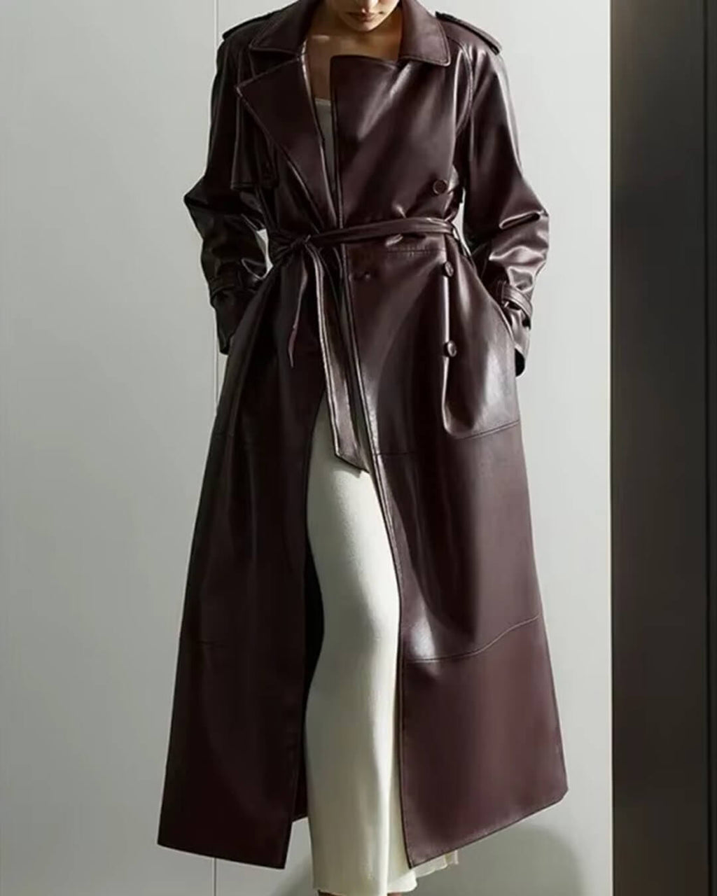 Davellia | Women’s Spring Leather Maxi Trench Coat