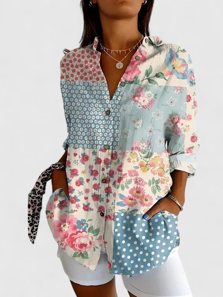 Davellia | Women's Vintage Boho Floral Patchwork Button-Up Blouse