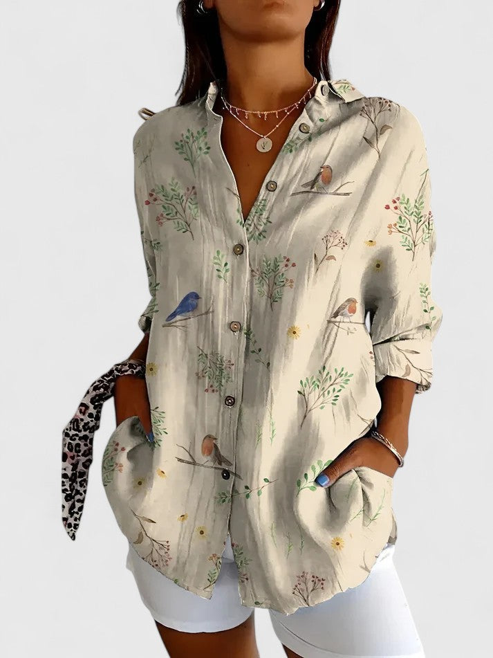 Davellia | Women's Vintage Boho Floral Patchwork Button-Up Blouse