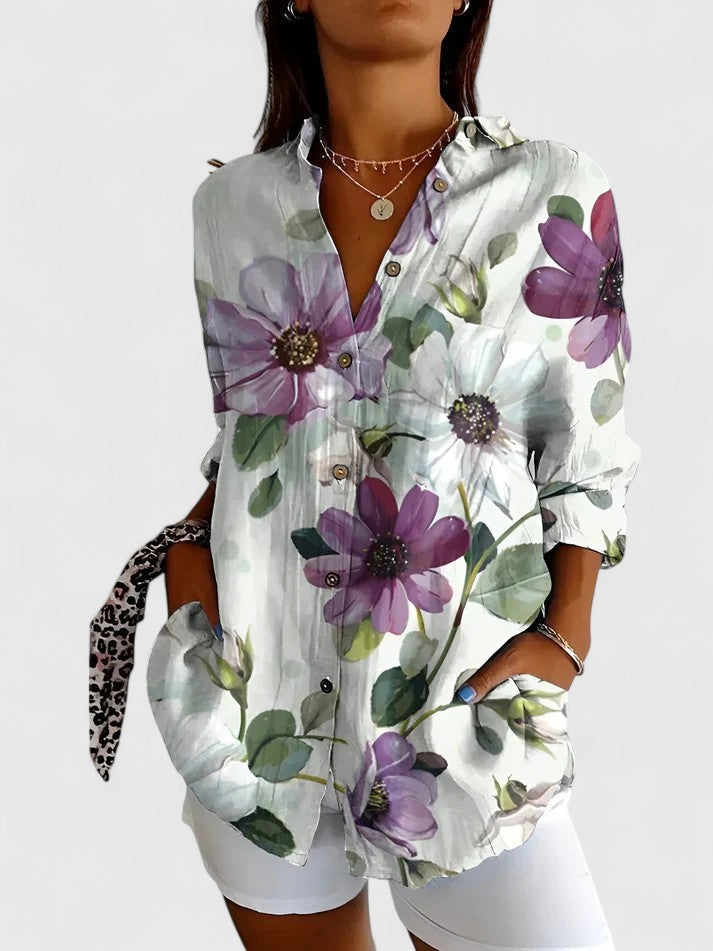 Davellia | Women's Vintage Boho Floral Patchwork Button-Up Blouse