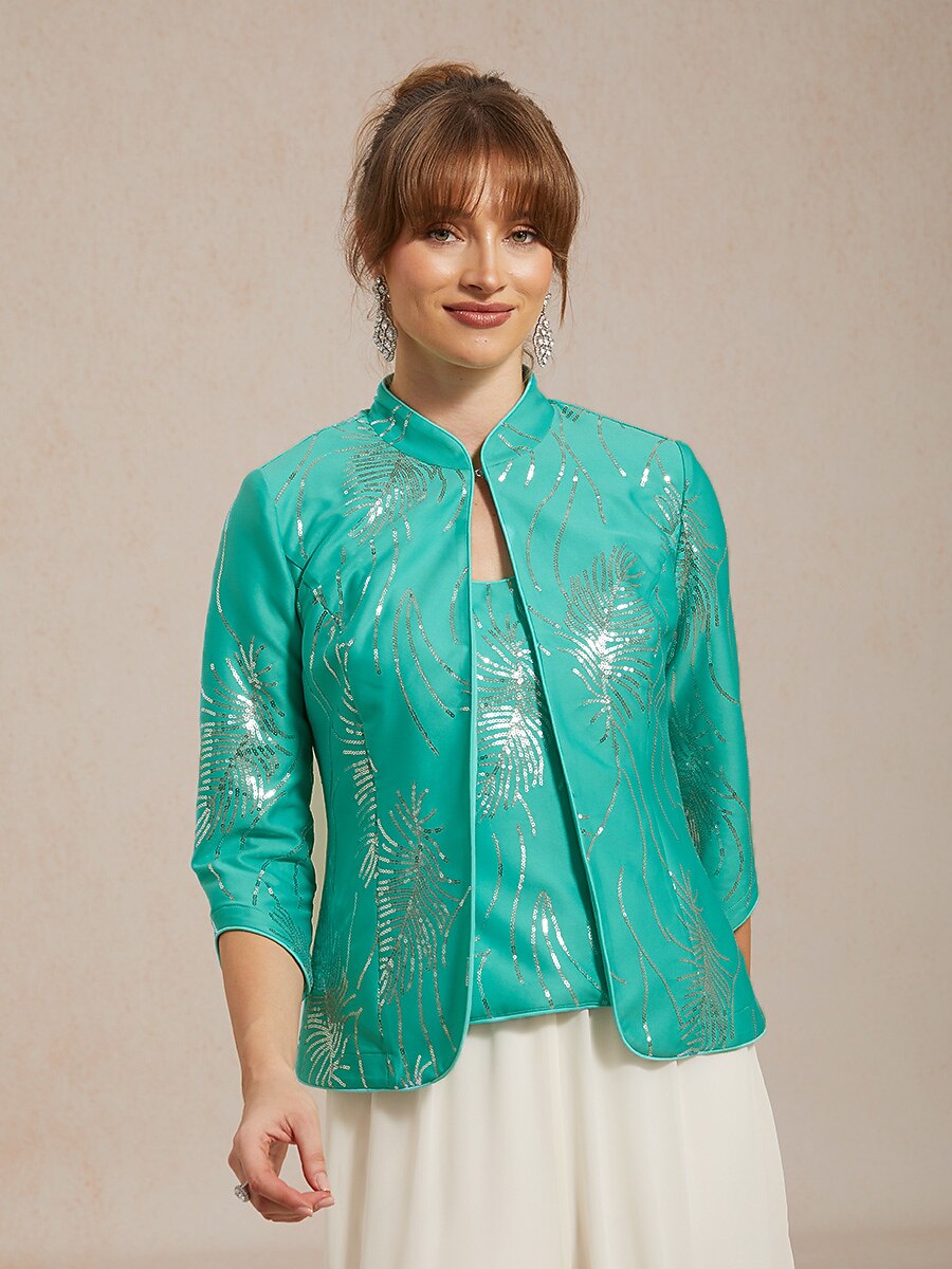 Davellia | Elegant Sequin Feather Print Twinset Blouse