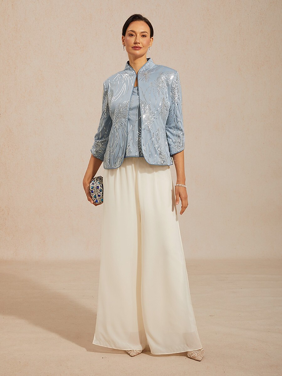Davellia | Elegant Sequin Feather Print Twinset Blouse