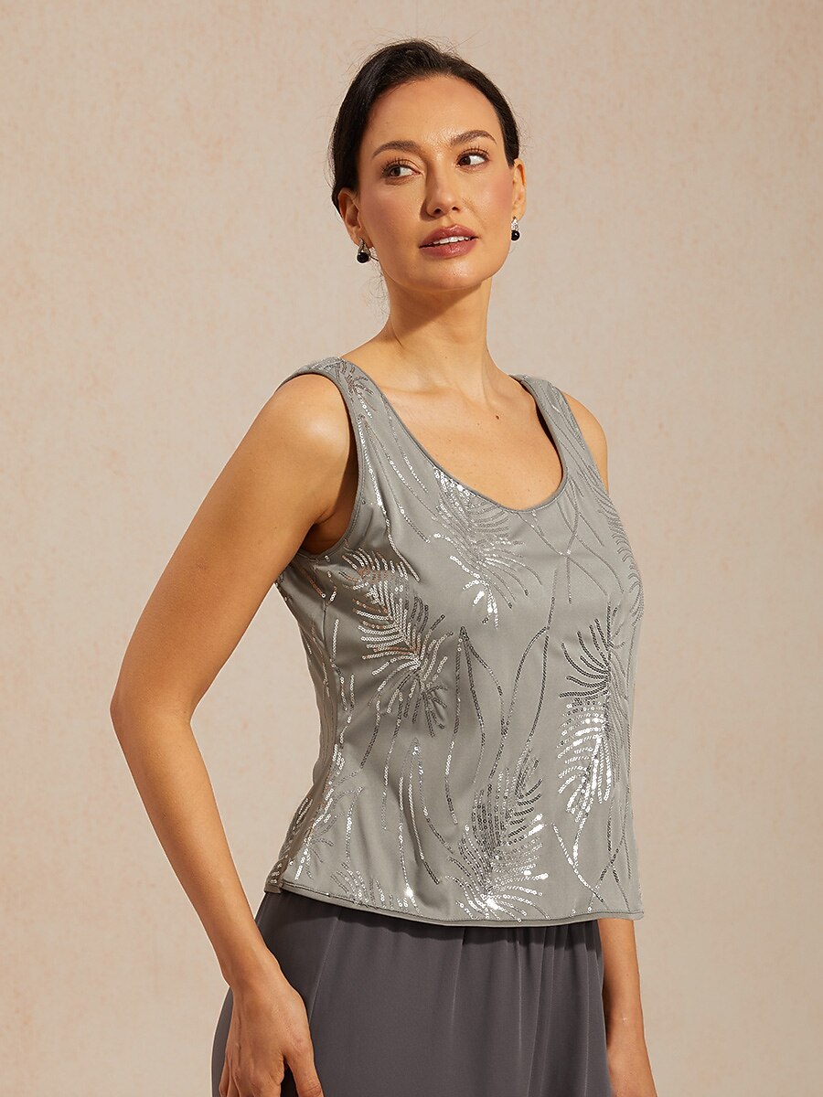 Davellia | Elegant Sequin Feather Print Twinset Blouse